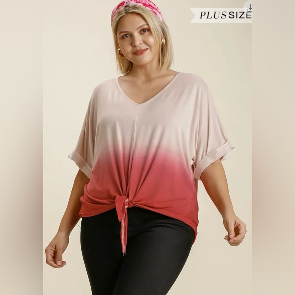 🎈Umgee Dip Dye V-Neck Short Folded Sleeve Top with Front Tie-able Knot